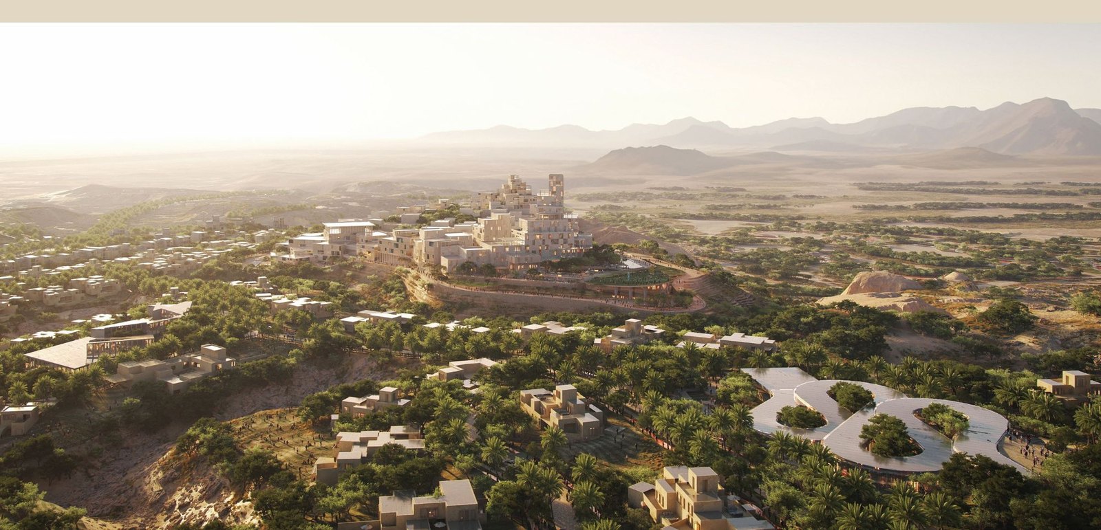 Aerial view of a master-planned development in Oman at sunset